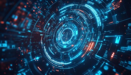 Abstract digital technology background with blue and orange glowing lines and circles, forming a complex pattern.