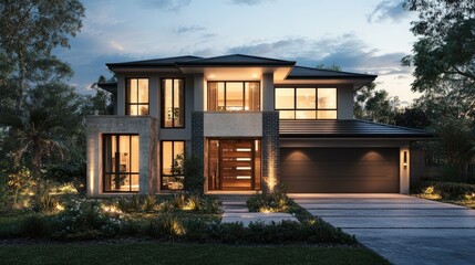 A beautiful modern house rendered elegantly in the evening, with soft warm lights illuminating the sleek architecture against a realistic background