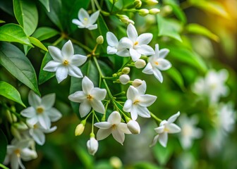 Naklejka premium Delicate white jasmine flowers unfurl on verdant vines, petal by petal. Swaying gently in the breeze, they release