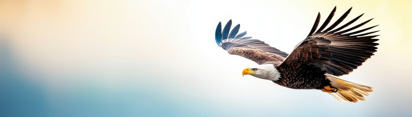 Fototapeta premium A majestic eagle soaring through the sky, showcasing its powerful wings and sharp gaze against a serene background.
