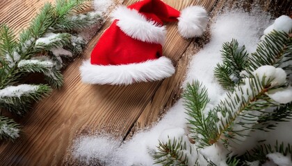 Christmas hat or red Santa hat with snow decorations, Christmas tree and wooden background