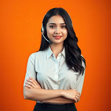 Telecaller images, a call center operator, a Young Woman Working in Customer Support with a Headset, a Smiling Call Center Agent with Headset on an Orange Background