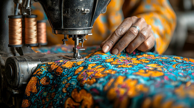 A tailor working on a sewing machine, fabric flowing through their hands as they stitch with precision, surrounded by neatly arranged spools of thread and patterns