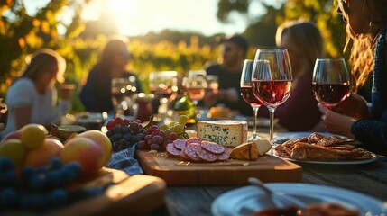 Outdoor gathering with friends enjoying wine, cheese, and fruits at a sunlit vineyard table.