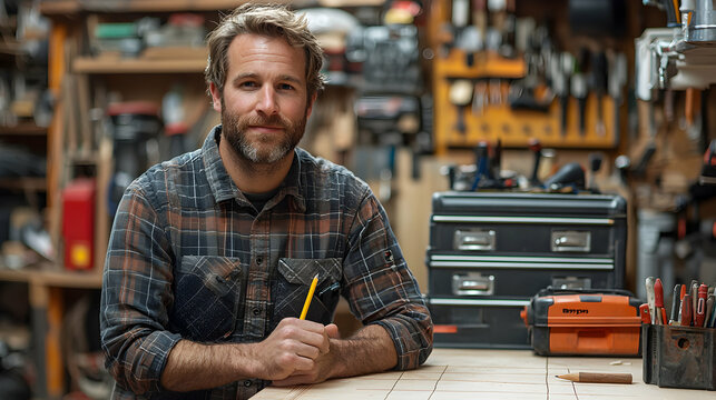 A carpenter measuring wood for cutting, their pencil marking precise lines, with an organized toolbox and a saw resting on the workbench beside them