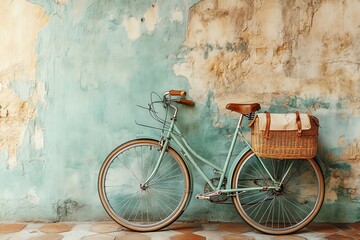 Vintage turquoise bicycle with a wicker basket leaning against a weathered wall. - Powered by Adobe