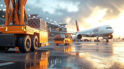 Busy Airport Ground Support Equipment in Action: Catering Lift and Tow Trucks Working Together on Tarmac