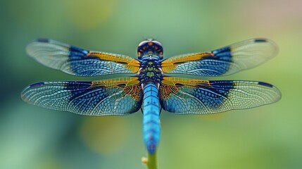 Detailed closeup of a dragonfly resting on a blade of grass with soft focus on its delicate wings and a blurred green background
