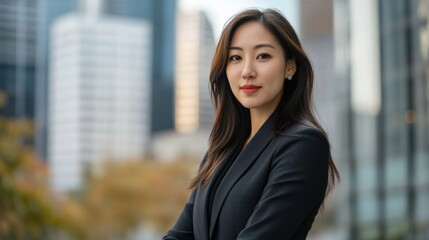 Asian businesswoman in a crisp suit, outdoors with a blurred city skyline of office buildings in the background.