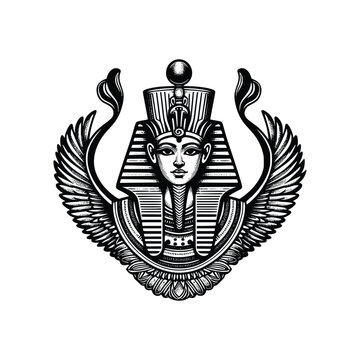 recommend clip art: Hand drawn illustration of Ancient Egyptian god Osiris, black and white vector illustration
