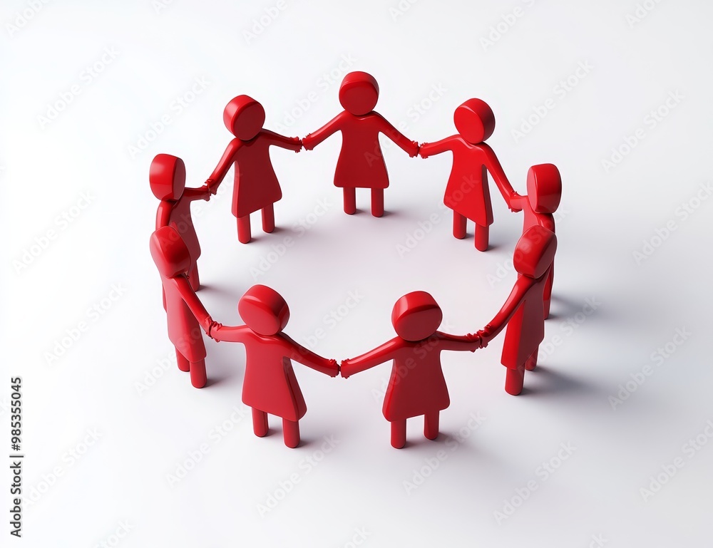 Aufkleber red 3d figures holding hands in a circle on a white background.