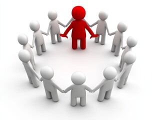 A group of white figures standing in a circle holding hands around a red figure in the center.