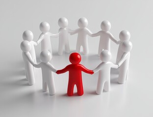 A red figure stands out from a circle of white figures, representing leadership, individuality, and teamwork.