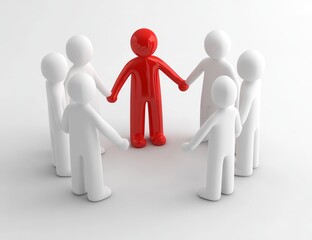 Red figure standing in a circle of white figures.