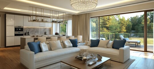 Fototapeta premium Modern living room with white couch, large windows, and view of green trees.