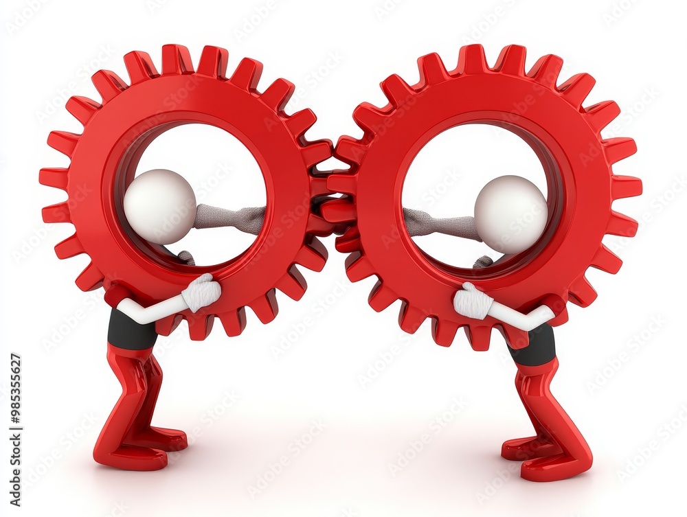Poster two 3d figures with red gears symbolizing teamwork and collaboration.