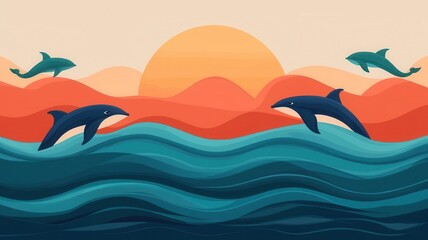 Fototapeta premium Sea animals in open ocean with waves and sunlight, flat design illustration