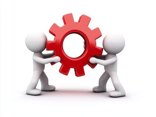 Two 3D stick figures holding a large red gear.