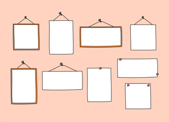 Frames, pinned notes vector set. Blank paper sheets hanging on ropes and nails. Placeholders isolated design elements in cute hand drawn doodle style with copy space