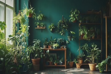 A vibrant green room filled with plants and natural light, featuring a wooden shelf and window, creating a peaceful and relaxing atmosphere.