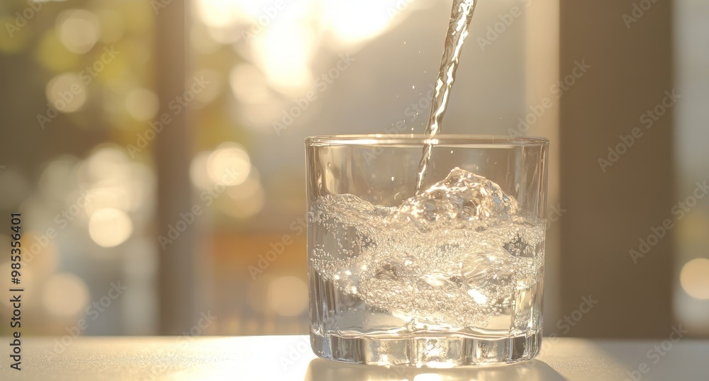 Poster water pouring into a glass on a table with a bokeh background.