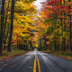 Obraz premium Road surrounded by trees with colorful leaves