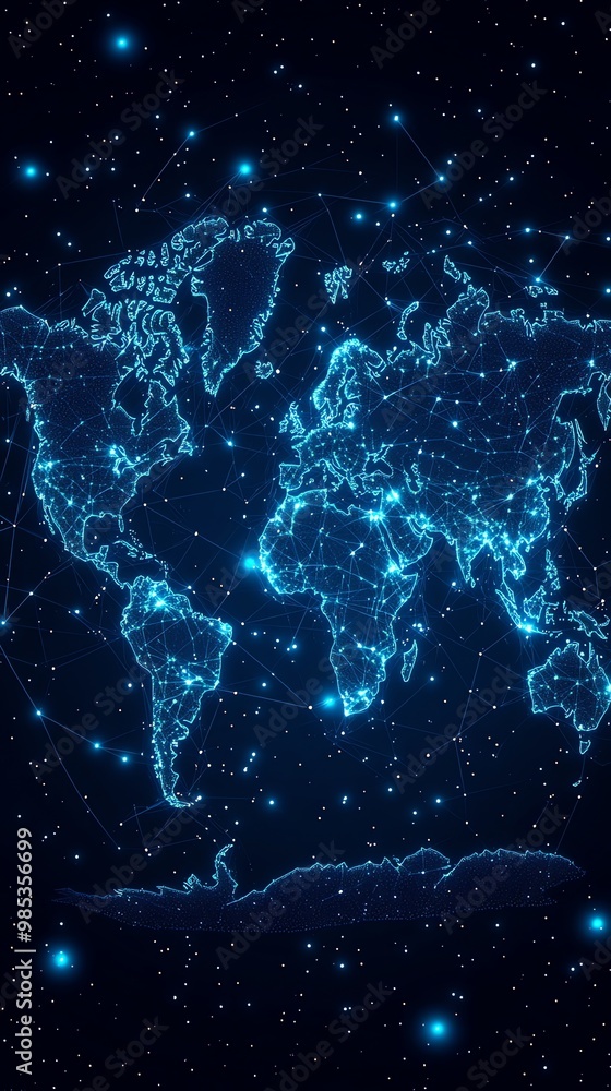 Poster world map with glowing continents connected by lines on dark blue background.