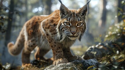 Fototapeta premium Majestic Lynx in the Forest: Close-up Portrait of a Wild Cat