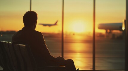 Fototapeta premium Real photo of travel by plane, Businessman passenger waiting in airport, silhouette of passenger watching aircraft taking off.