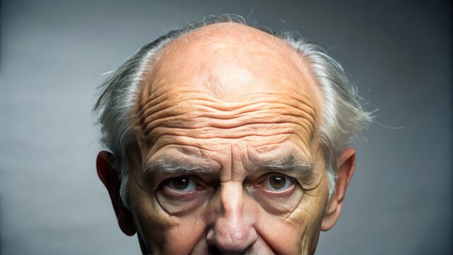 Elderly man with salt-and-pepper hair, sporting prominent balding spots on top of his head and forehead.