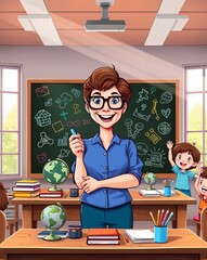 cartoon teacher in classroom with children and chalkboard.