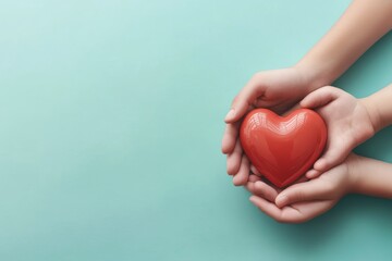 Obraz premium Hands holding a red heart on a light blue background.