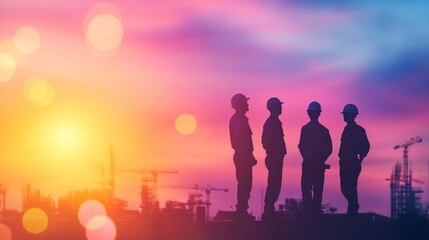 Fototapeta premium Silhouette engineer standing to receive instructions for construction team working in heavy industry at high altitude and safety over pastel colors at sunset blurred nature background. 