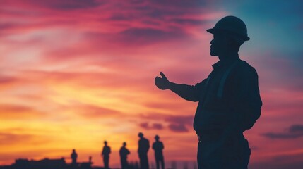 Fototapeta premium Silhouette engineer standing to receive instructions for construction team working in heavy industry at high altitude and safety over pastel colors at sunset blurred nature background. 