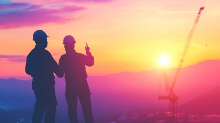 Fototapeta premium Silhouette engineer standing to receive instructions for construction team working in heavy industry at high altitude and safety over pastel colors at sunset blurred nature background. 