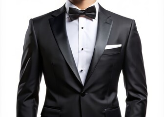 Elegant attire consists of a sleek jacket, matching pants, a bow tie, and a pocket square, all situated