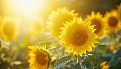 Obraz premium A bright yellow sunflower in the field with blurry yellow sunflowers behind it and the sun shining behind the sunflower, creating a golden glow.