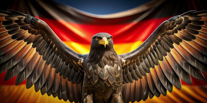 Elegant black eagle spreads its wings, open beak soaring above the German flag's black, red, and gold stripes,