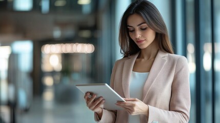 Middle Eastern businesswoman holding a tablet, using a business application in a sleek office setting.