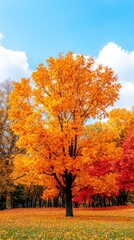 Naklejka premium A vibrant autumn tree adorned with bright orange leaves against a clear blue sky, showcasing nature's beauty in fall.