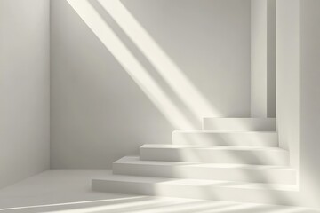 A simple white podium with steps in a clean white space with sunbeams casting shadows.