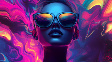 A beautiful high fashion lady with cool sunglasses in front of a crazy multicolored abstract background, generative ai. High Fashion. Illustration