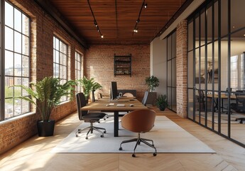 Modern office with a wooden table and chairs, a brick wall, and a large window.