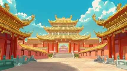 beautiful anime background of a king's palace, tall gate in nice weather