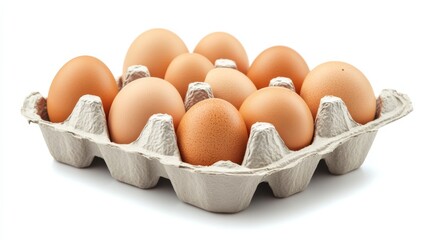 Egg carton filled with fresh chicken eggs on white background,