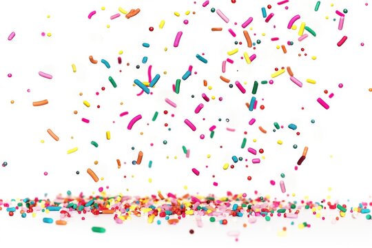 Sprinkles in various colors fall on white isolated background. Colorful, small, round candies drop randomly. Icing sugar grains form decorative pile. Glazed donuts, cupcakes, ice cream cones