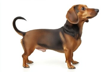 Dachshund standing and looking to the right, isolate, on a white backdrop,