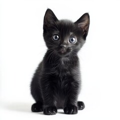 Obraz premium Cute black kitten sitting on white background, isolate,