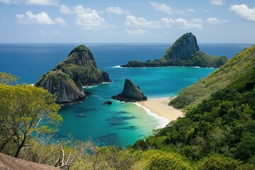Fototapeta premium Aerial view of Two Brothers Rock in Fernando Noronha, Brazil. Cliff with turquoise sea below. Green vegetation on mountain peak. Scenic landscape with blue sky, white clouds. Beach shore with