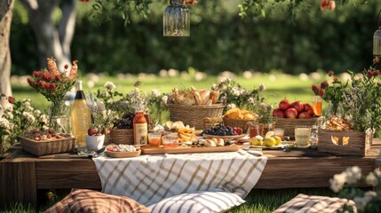 A beautifully arranged picnic setup outdoors featuring a variety of foods, flowers, and decorations under a sunny sky.